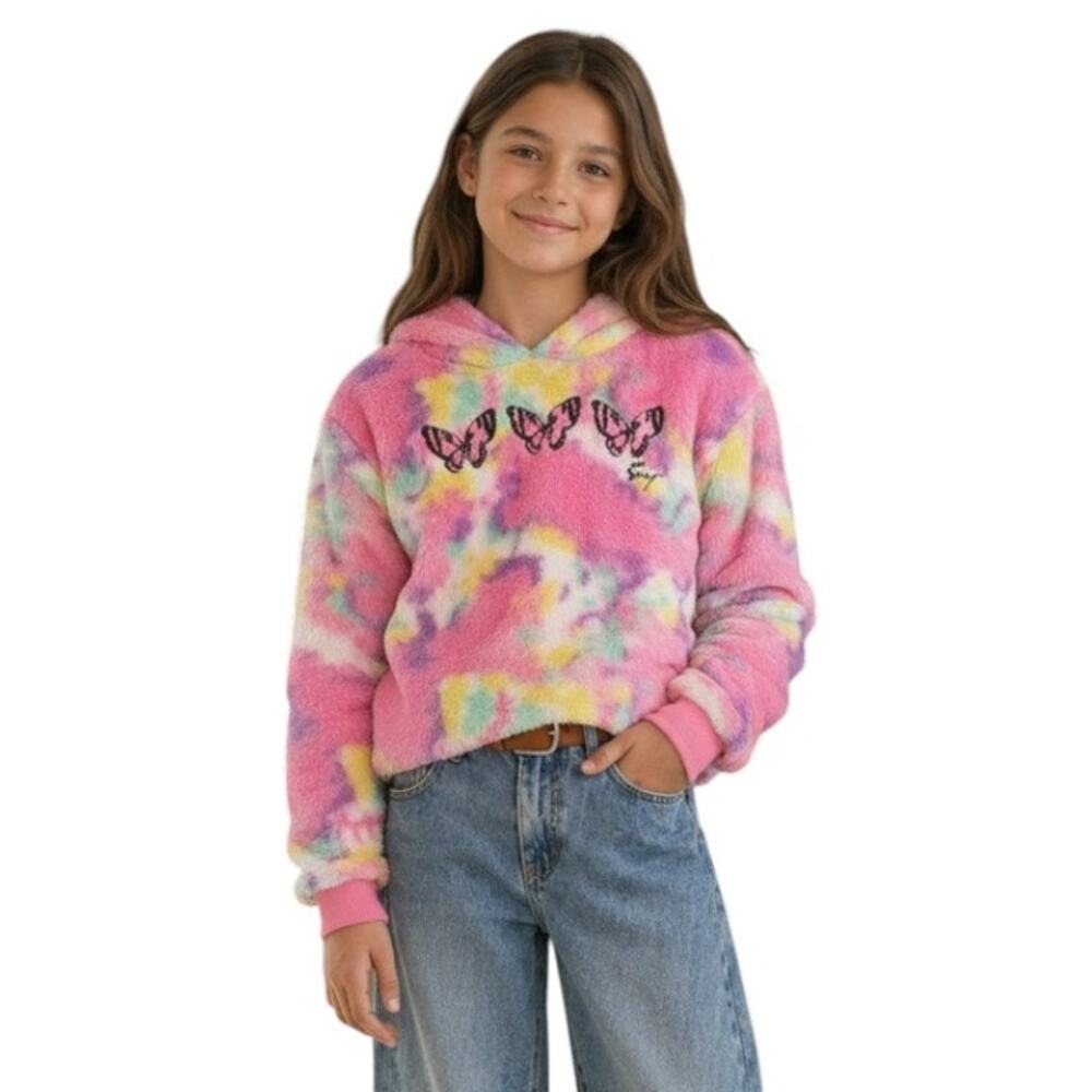 ❤️2/$12 Betsey Johnson Girl's Pink Hoodie Tie Dye Faux Fur Fleece  Size M